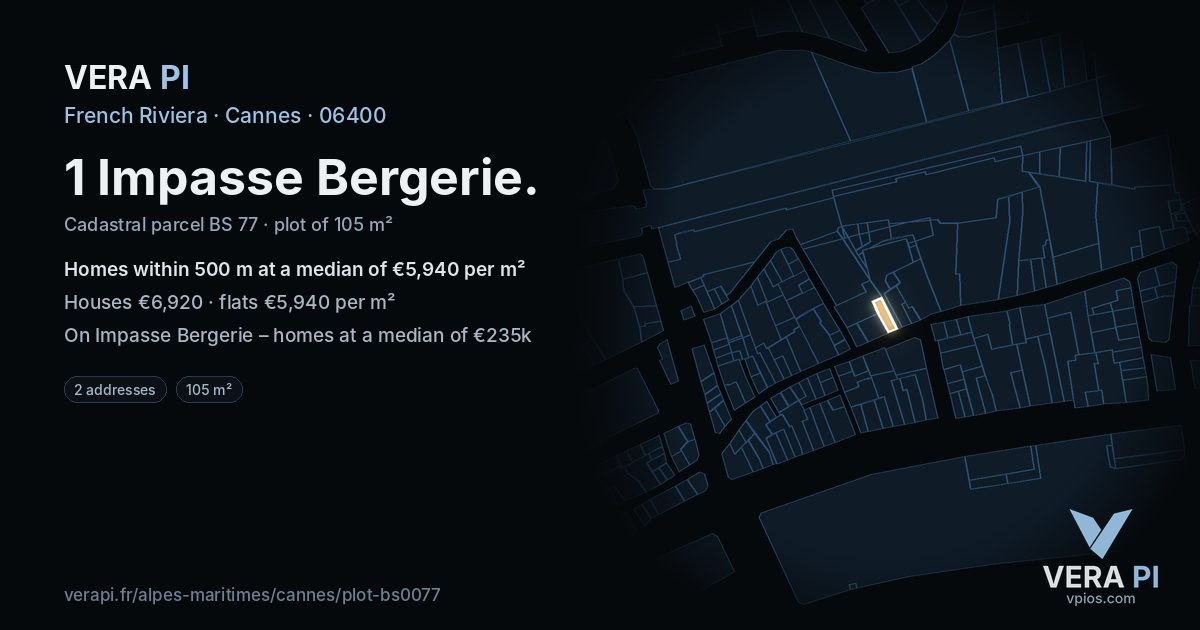 1 Impasse Bergerie, Cannes at night – the plot lit, the parcels around coloured by the prices near them