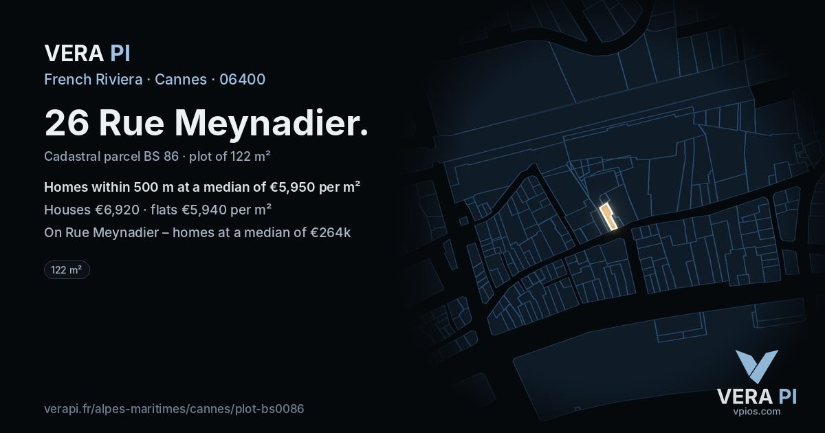 26 Rue Meynadier, Cannes at night – the plot lit, the parcels around coloured by the prices near them