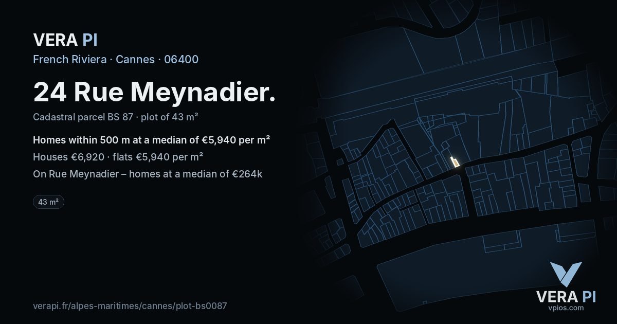 24 Rue Meynadier, Cannes at night – the plot lit, the parcels around coloured by the prices near them