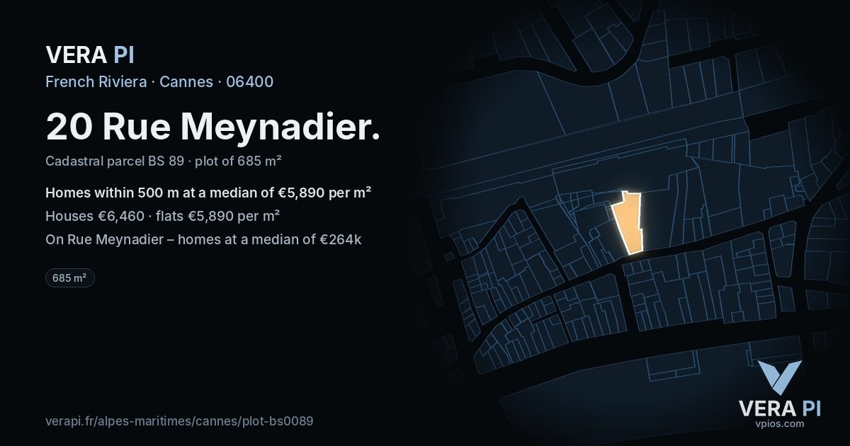 20 Rue Meynadier, Cannes at night – the plot lit, the parcels around coloured by the prices near them