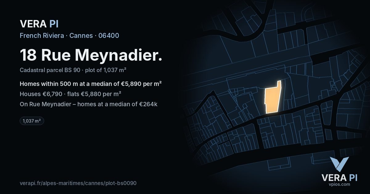 18 Rue Meynadier, Cannes at night – the plot lit, the parcels around coloured by the prices near them