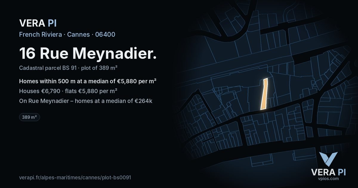 16 Rue Meynadier, Cannes at night – the plot lit, the parcels around coloured by the prices near them