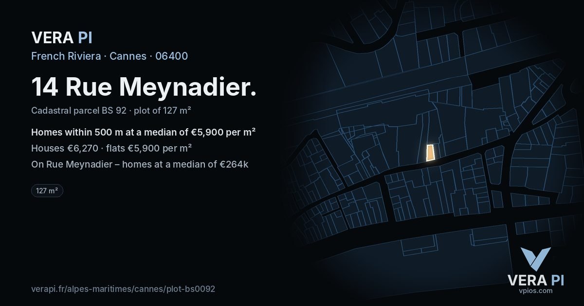 14 Rue Meynadier, Cannes at night – the plot lit, the parcels around coloured by the prices near them