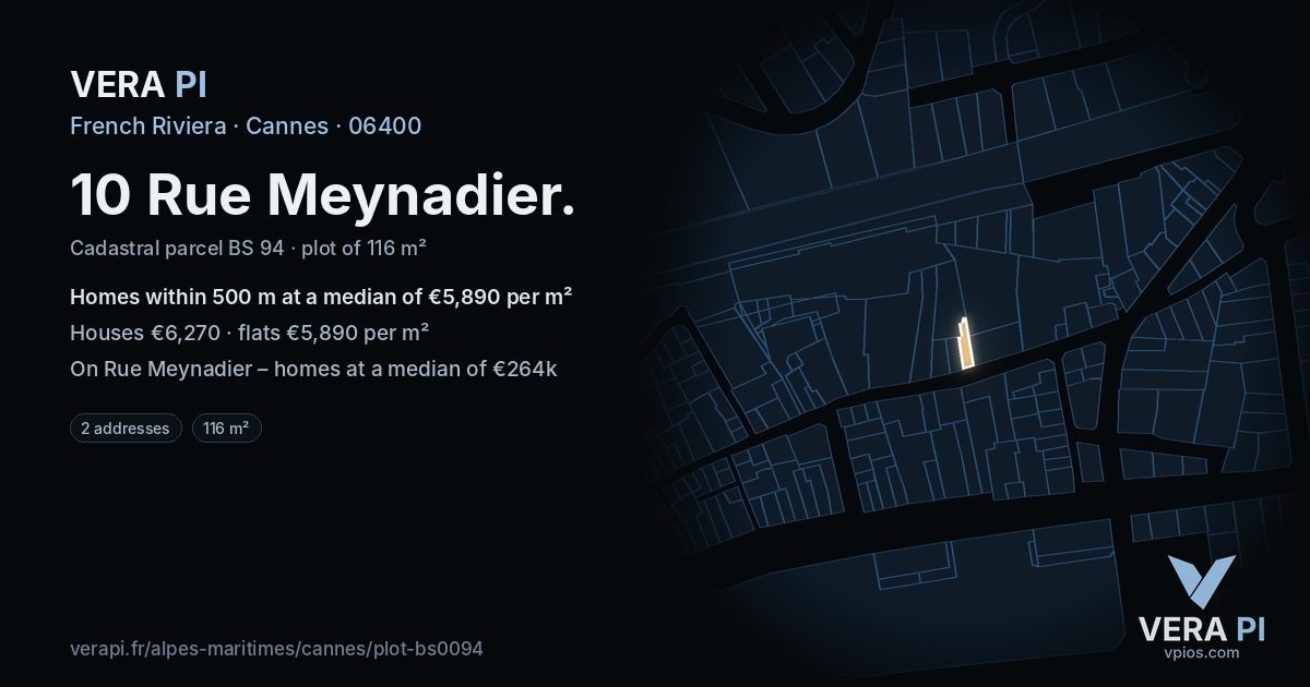 10 Rue Meynadier, Cannes at night – the plot lit, the parcels around coloured by the prices near them
