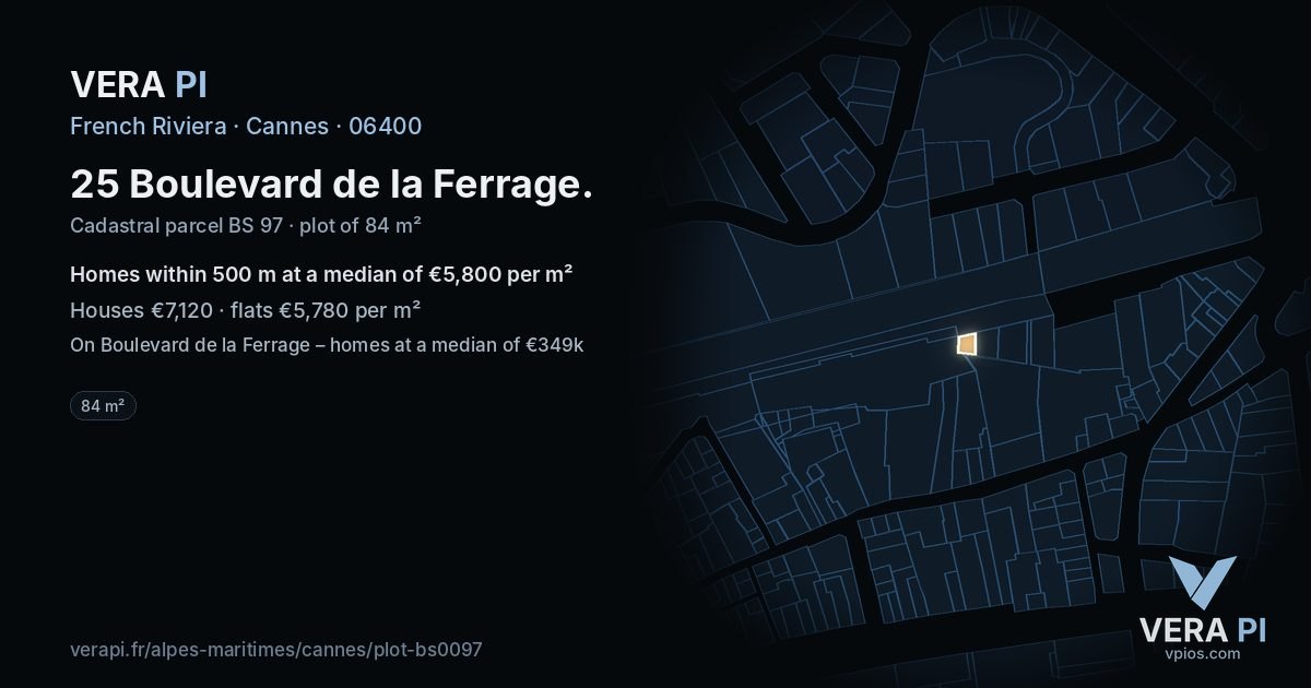 25 Boulevard de la Ferrage, Cannes at night – the plot lit, the parcels around coloured by the prices near them