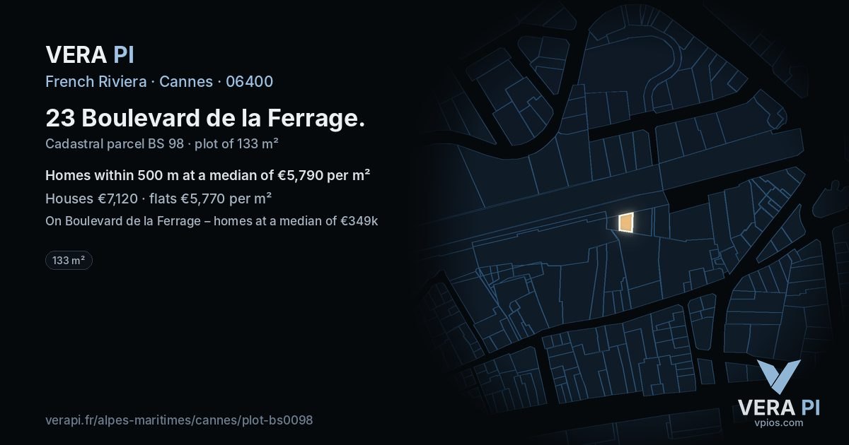 23 Boulevard de la Ferrage, Cannes at night – the plot lit, the parcels around coloured by the prices near them