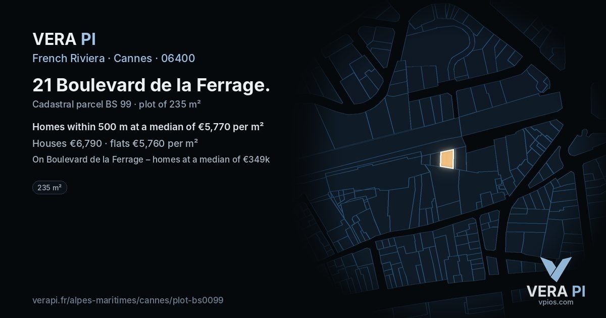 21 Boulevard de la Ferrage, Cannes at night – the plot lit, the parcels around coloured by the prices near them