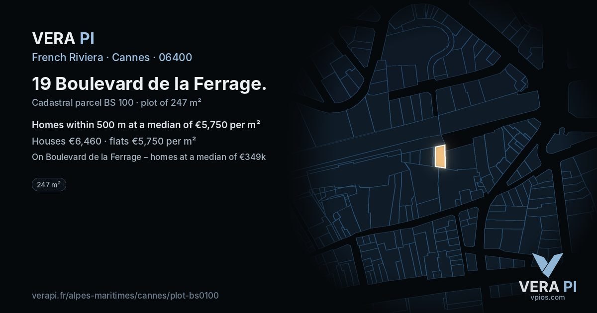 19 Boulevard de la Ferrage, Cannes at night – the plot lit, the parcels around coloured by the prices near them