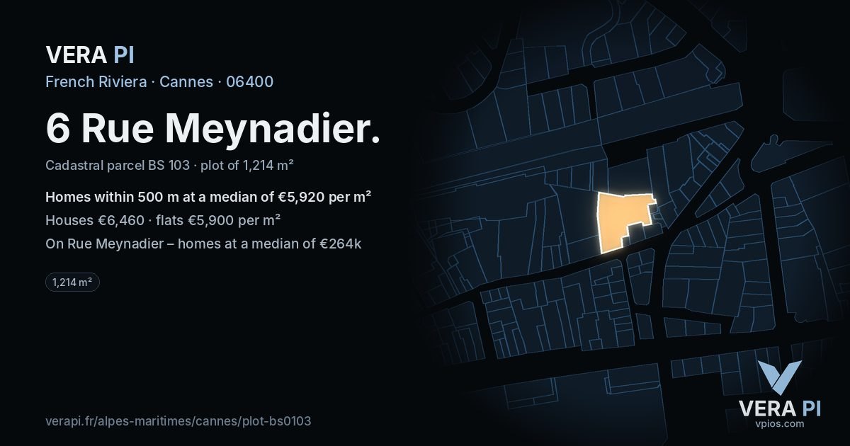 6 Rue Meynadier, Cannes at night – the plot lit, the parcels around coloured by the prices near them