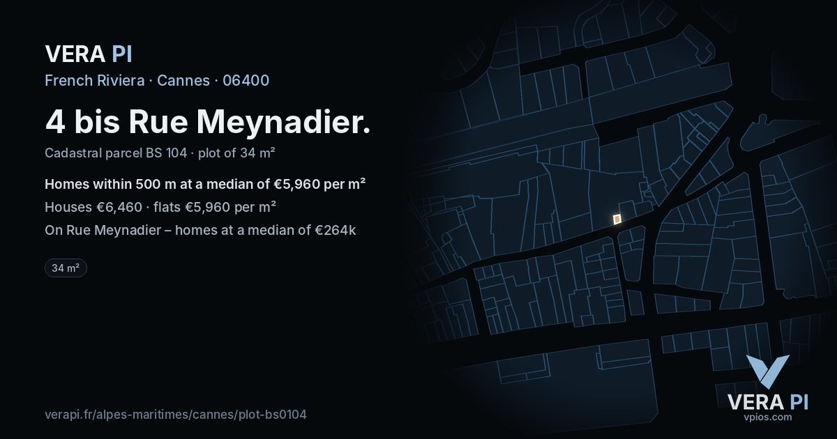 4 bis Rue Meynadier, Cannes at night – the plot lit, the parcels around coloured by the prices near them