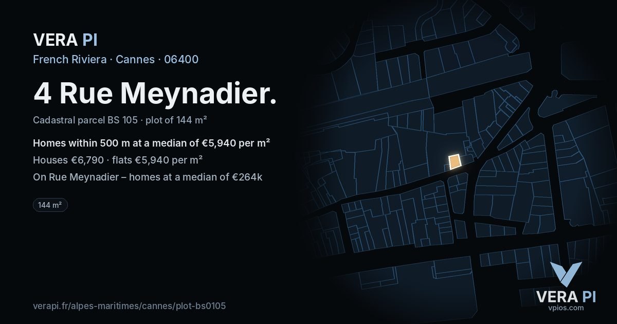 4 Rue Meynadier, Cannes at night – the plot lit, the parcels around coloured by the prices near them