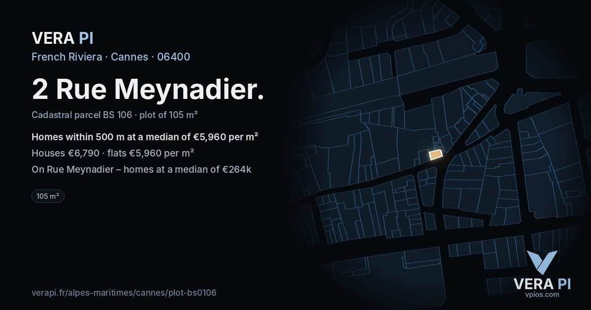 2 Rue Meynadier, Cannes at night – the plot lit, the parcels around coloured by the prices near them