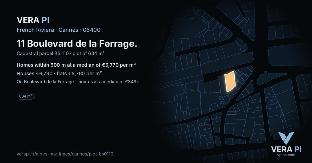 11 Boulevard de la Ferrage, Cannes at night – the plot lit, the parcels around coloured by the prices near them