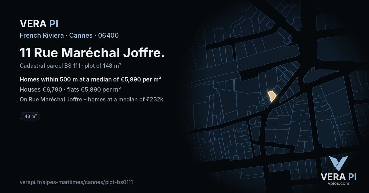 11 Rue Maréchal Joffre, Cannes at night – the plot lit, the parcels around coloured by the prices near them