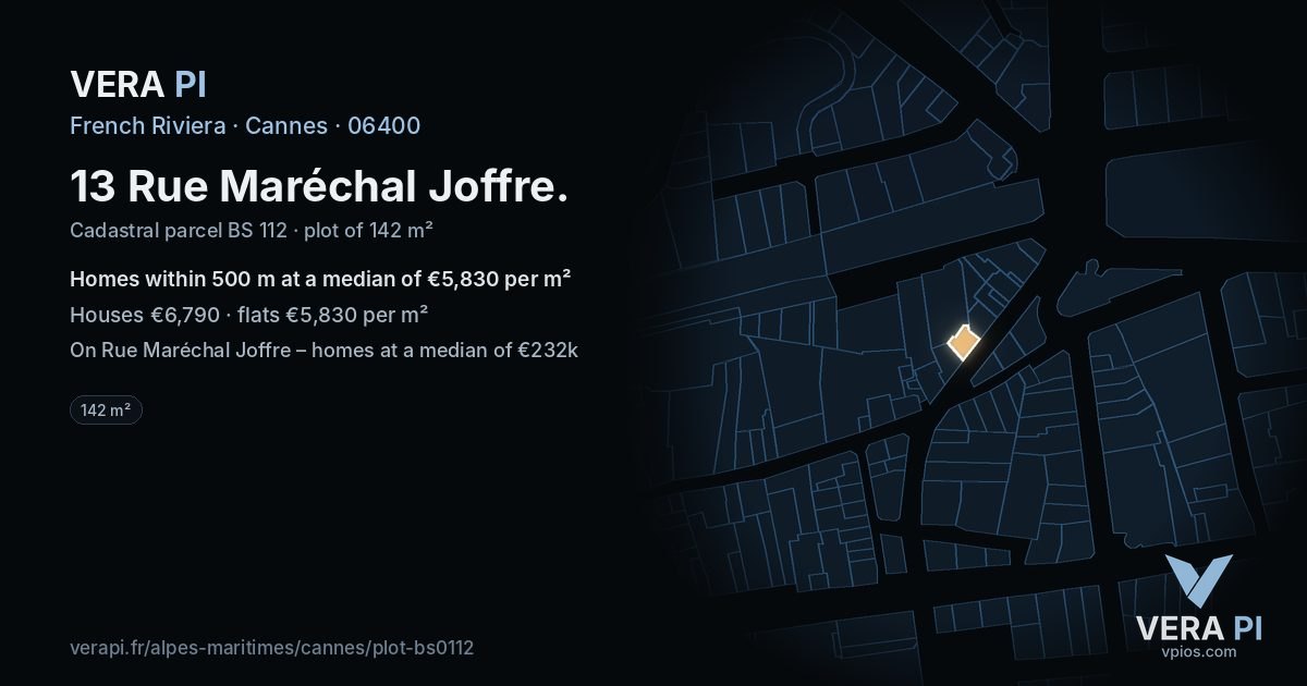 13 Rue Maréchal Joffre, Cannes at night – the plot lit, the parcels around coloured by the prices near them