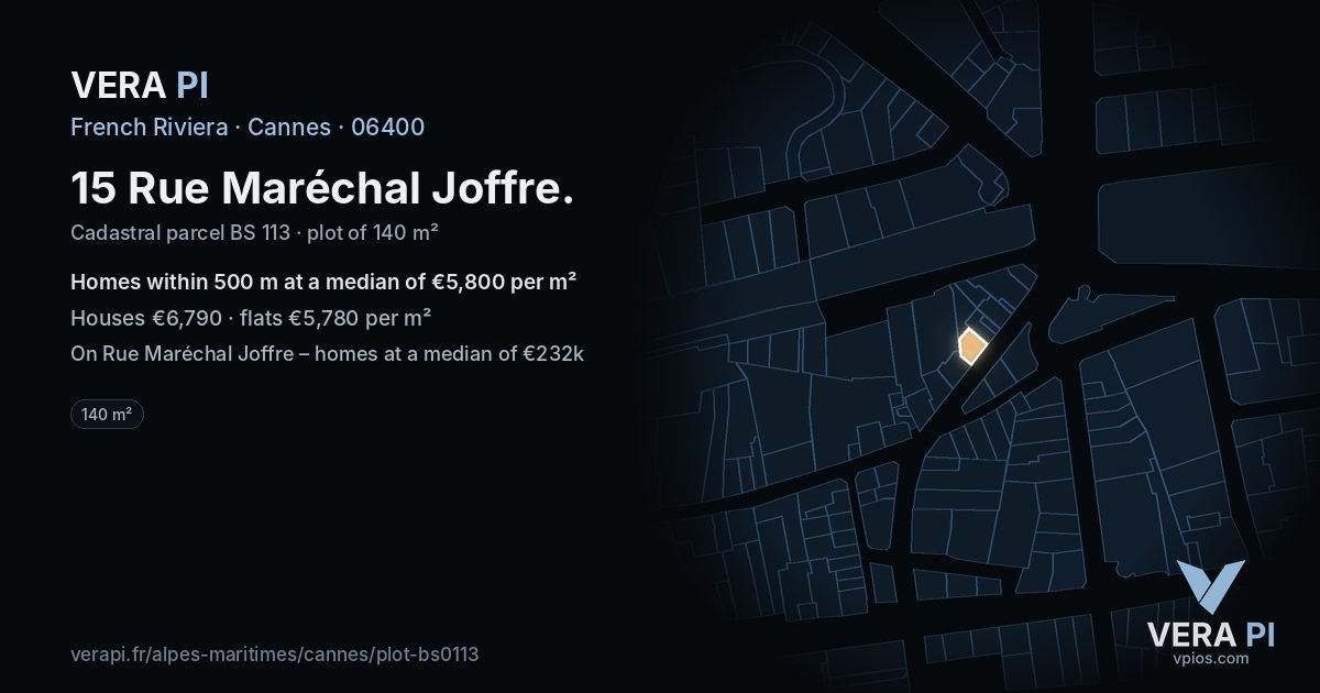 15 Rue Maréchal Joffre, Cannes at night – the plot lit, the parcels around coloured by the prices near them