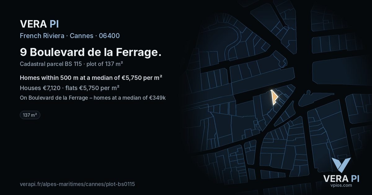 9 Boulevard de la Ferrage, Cannes at night – the plot lit, the parcels around coloured by the prices near them