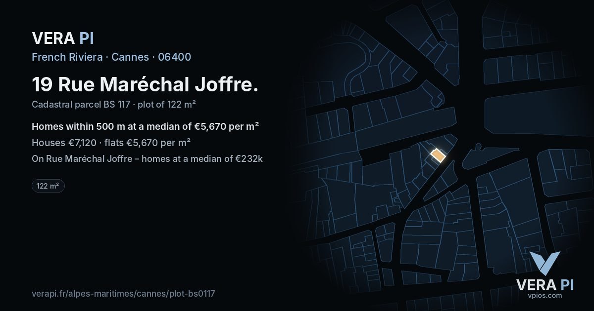 19 Rue Maréchal Joffre, Cannes at night – the plot lit, the parcels around coloured by the prices near them