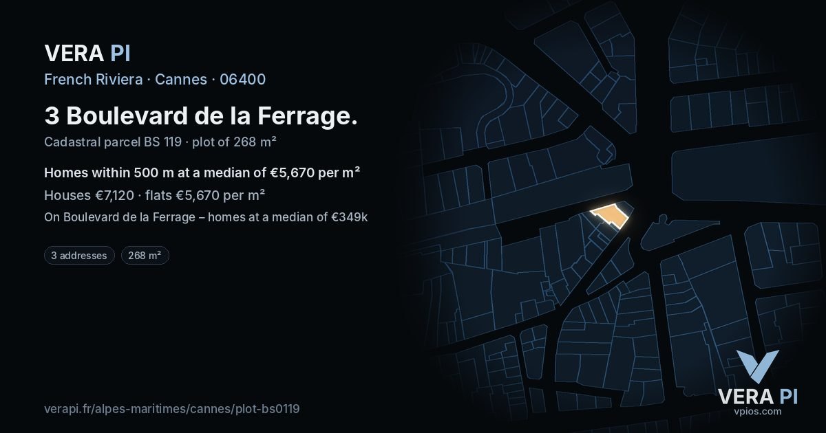 3 Boulevard de la Ferrage, Cannes at night – the plot lit, the parcels around coloured by the prices near them