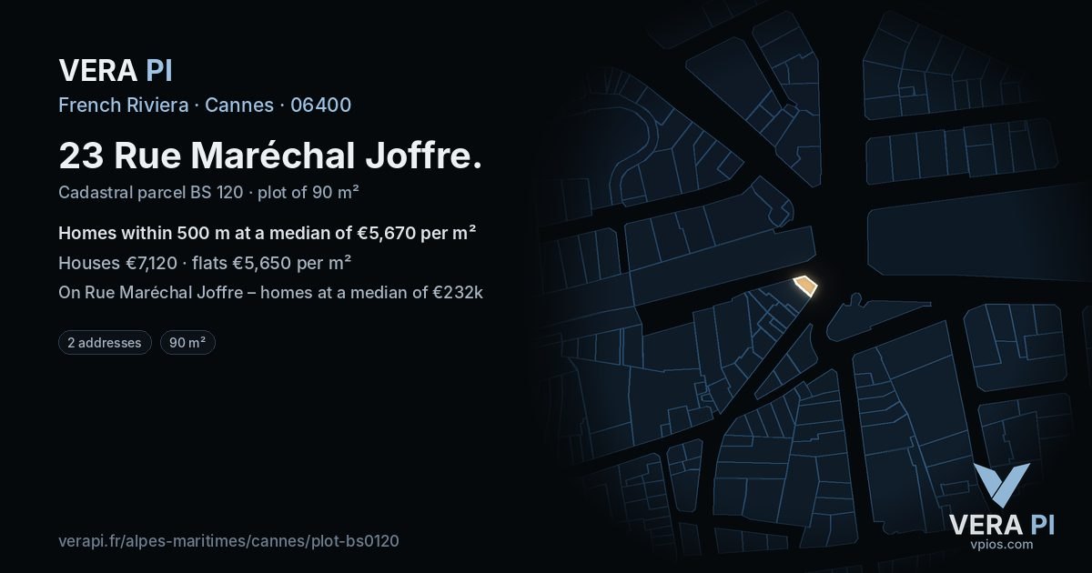 23 Rue Maréchal Joffre, Cannes at night – the plot lit, the parcels around coloured by the prices near them