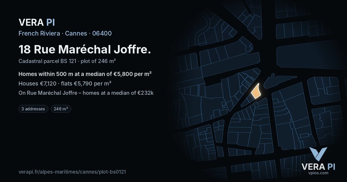 18 Rue Maréchal Joffre, Cannes at night – the plot lit, the parcels around coloured by the prices near them