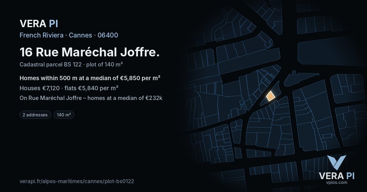 16 Rue Maréchal Joffre, Cannes at night – the plot lit, the parcels around coloured by the prices near them