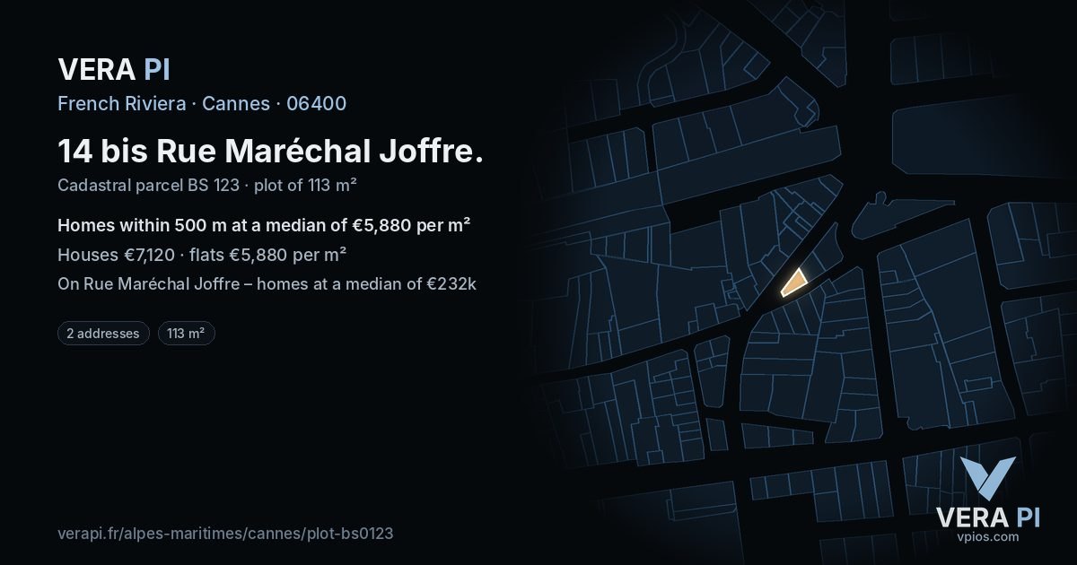 14 bis Rue Maréchal Joffre, Cannes at night – the plot lit, the parcels around coloured by the prices near them