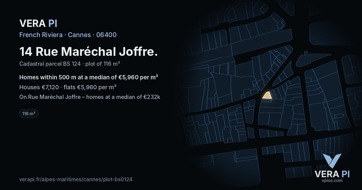 14 Rue Maréchal Joffre, Cannes at night – the plot lit, the parcels around coloured by the prices near them