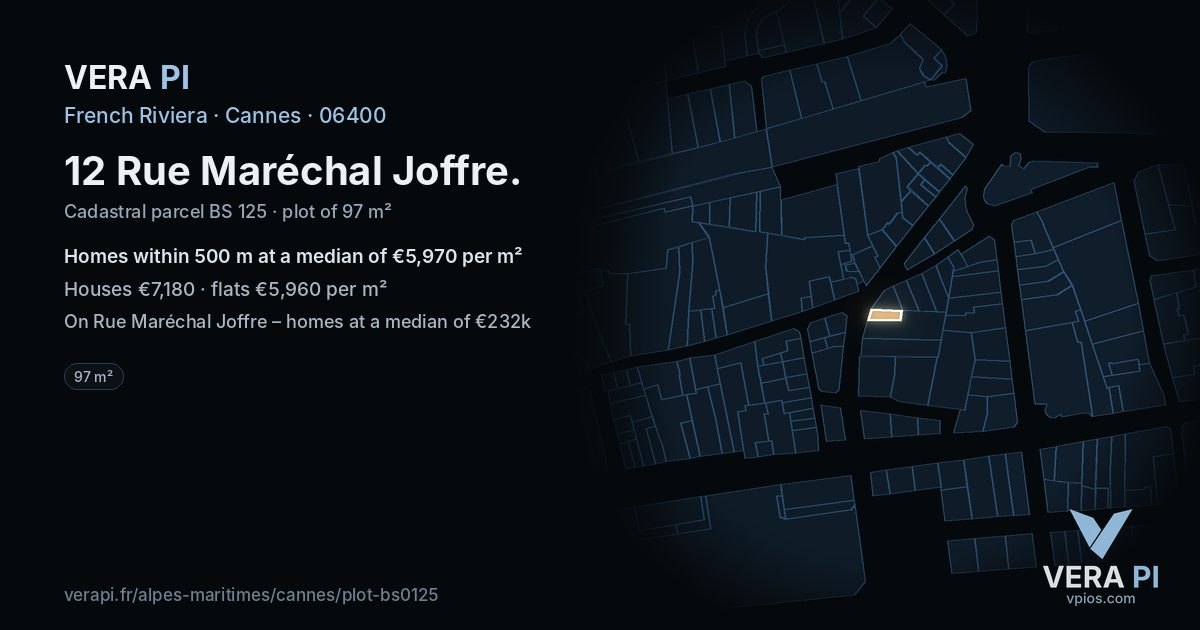 12 Rue Maréchal Joffre, Cannes at night – the plot lit, the parcels around coloured by the prices near them
