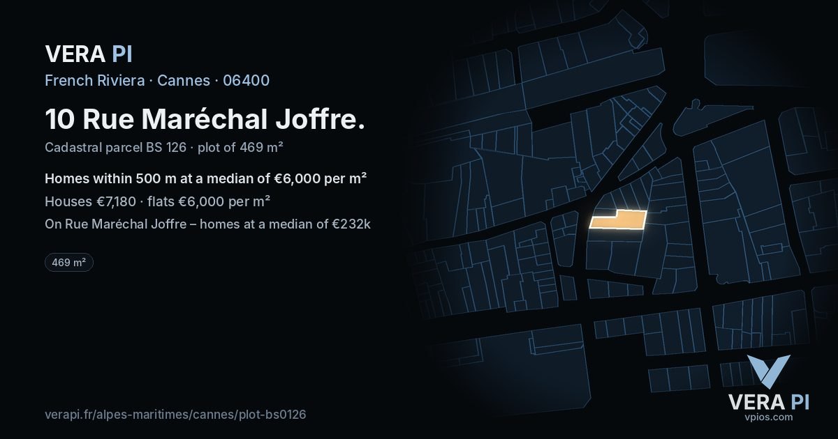10 Rue Maréchal Joffre, Cannes at night – the plot lit, the parcels around coloured by the prices near them