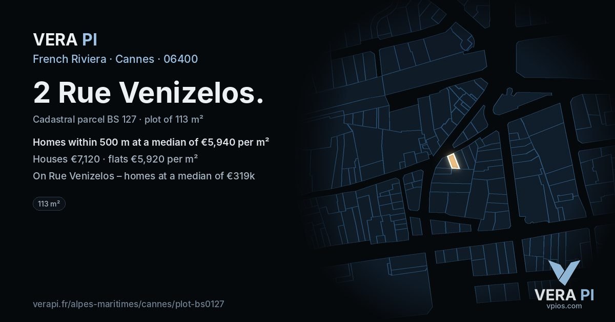 2 Rue Venizelos, Cannes at night – the plot lit, the parcels around coloured by the prices near them