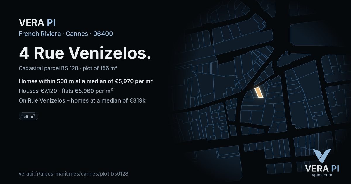 4 Rue Venizelos, Cannes at night – the plot lit, the parcels around coloured by the prices near them