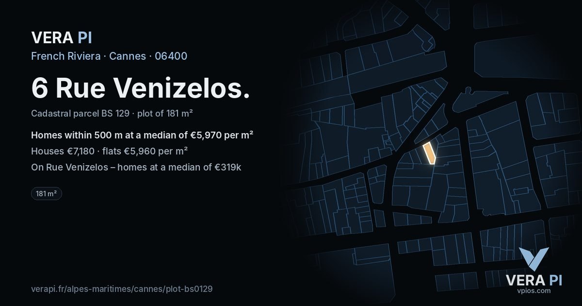 6 Rue Venizelos, Cannes at night – the plot lit, the parcels around coloured by the prices near them