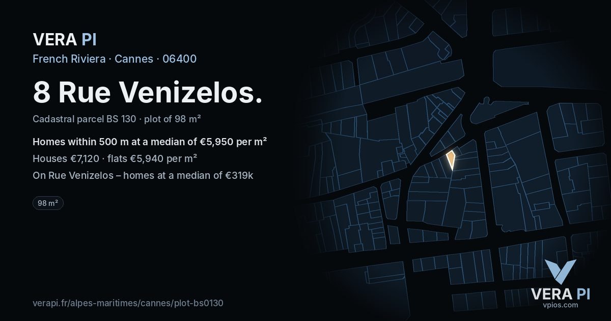 8 Rue Venizelos, Cannes at night – the plot lit, the parcels around coloured by the prices near them