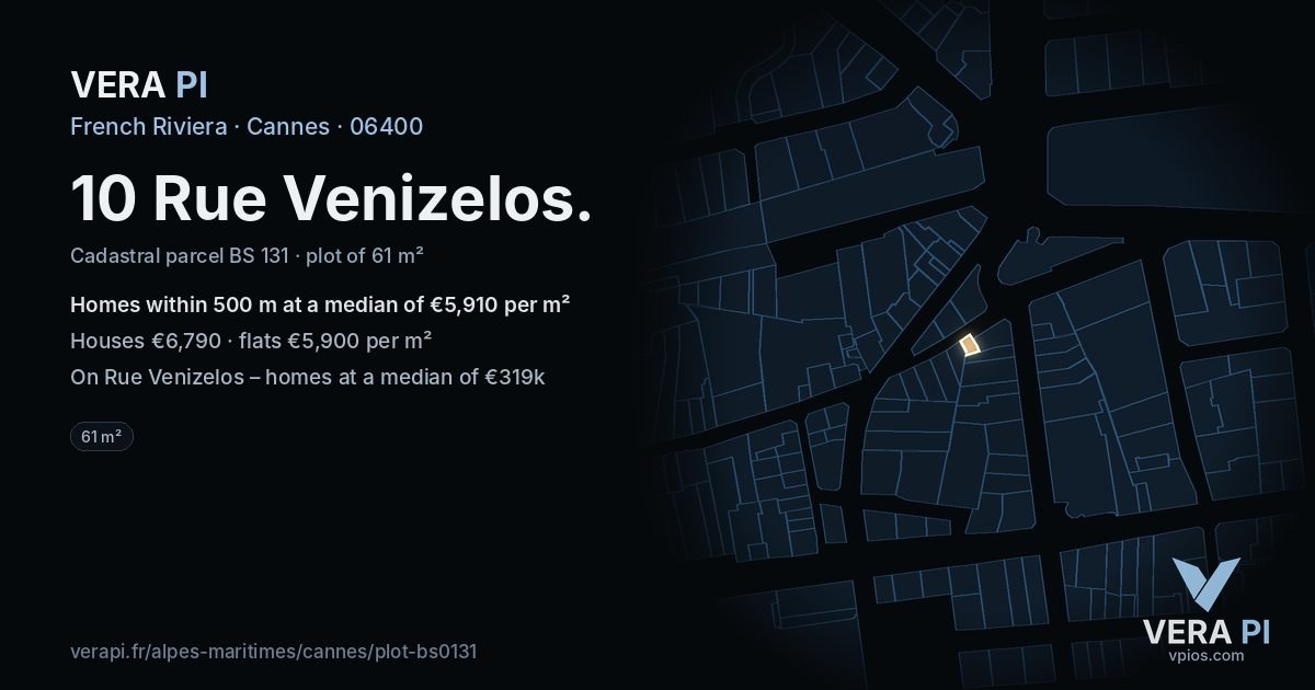 10 Rue Venizelos, Cannes at night – the plot lit, the parcels around coloured by the prices near them