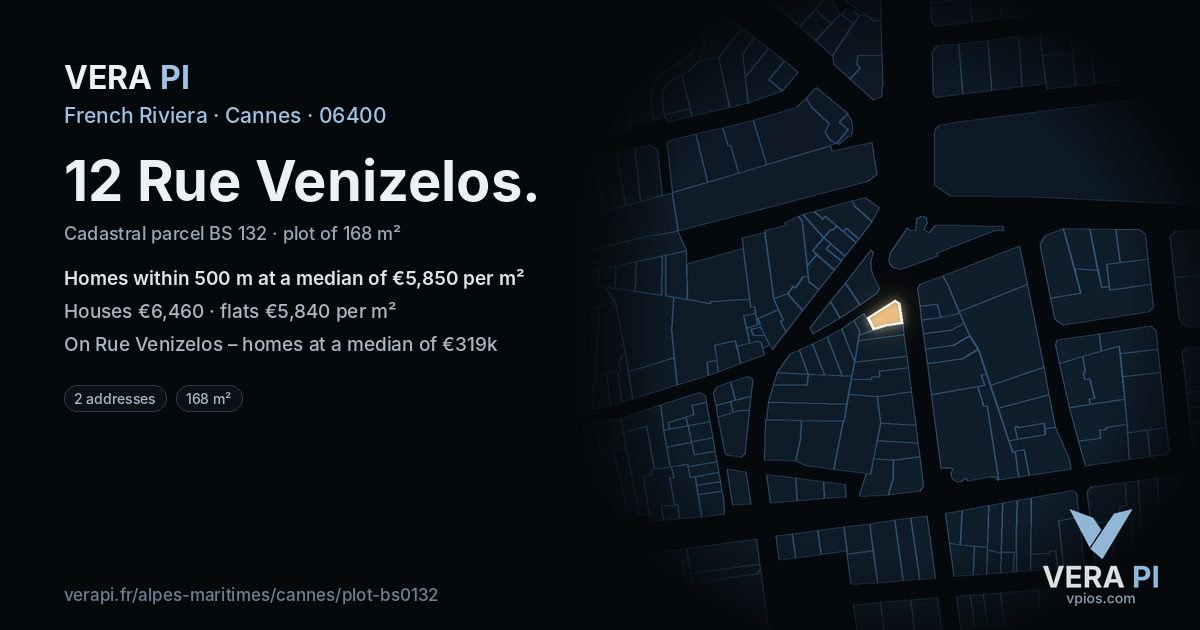 12 Rue Venizelos, Cannes at night – the plot lit, the parcels around coloured by the prices near them