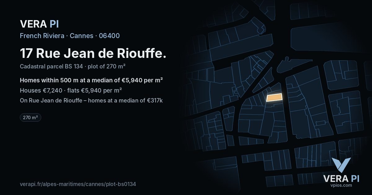 17 Rue Jean de Riouffe, Cannes at night – the plot lit, the parcels around coloured by the prices near them