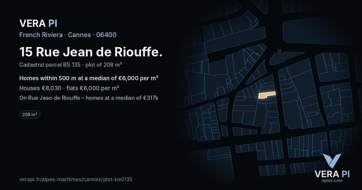 15 Rue Jean de Riouffe, Cannes at night – the plot lit, the parcels around coloured by the prices near them