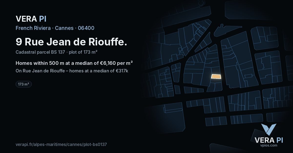 9 Rue Jean de Riouffe, Cannes at night – the plot lit, the parcels around coloured by the prices near them