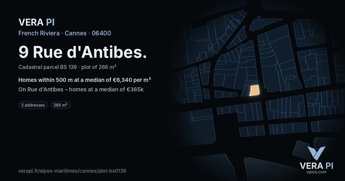 9 Rue d'Antibes, Cannes at night – the plot lit, the parcels around coloured by the prices near them