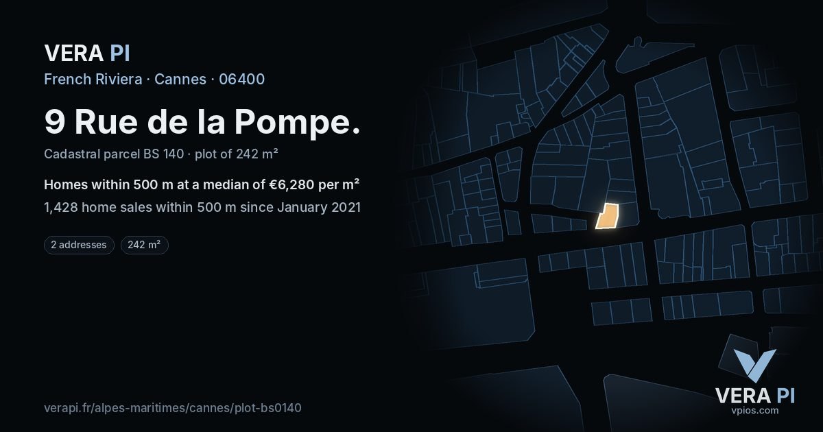 9 Rue de la Pompe, Cannes at night – the plot lit, the parcels around coloured by the prices near them