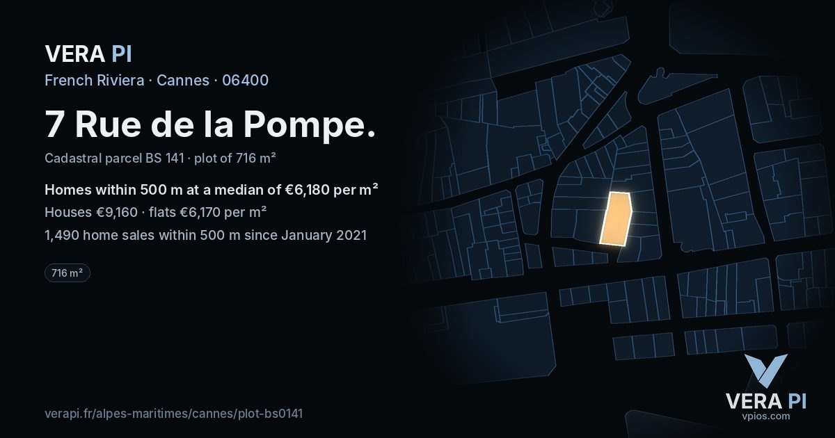 7 Rue de la Pompe, Cannes at night – the plot lit, the parcels around coloured by the prices near them