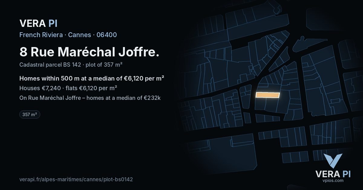 8 Rue Maréchal Joffre, Cannes at night – the plot lit, the parcels around coloured by the prices near them
