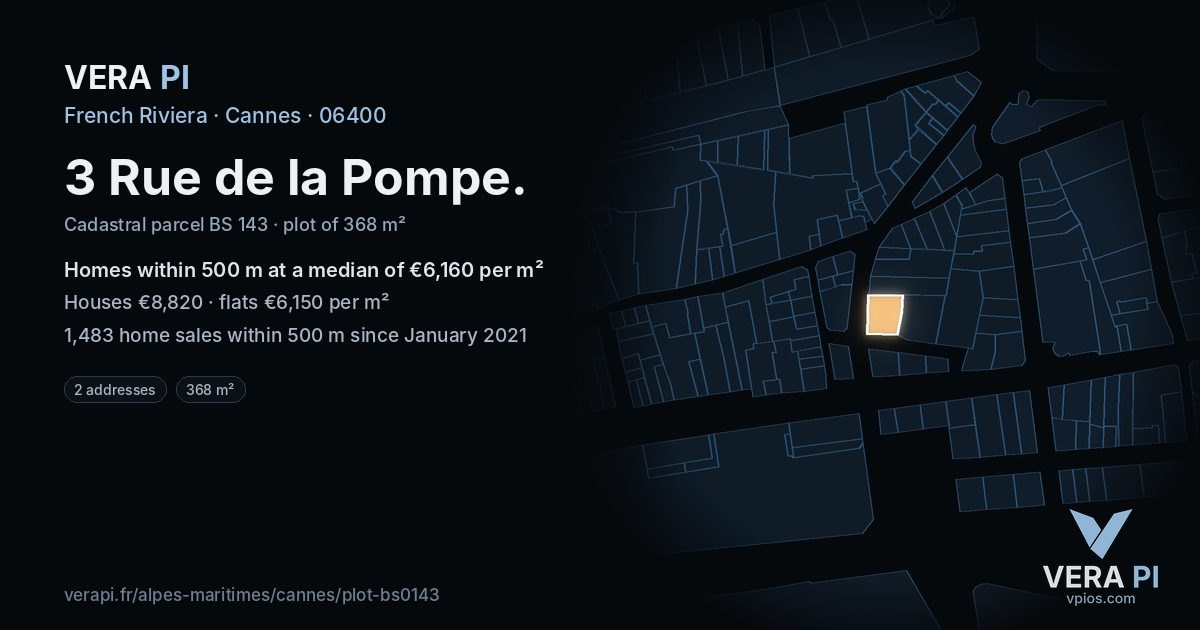 3 Rue de la Pompe, Cannes at night – the plot lit, the parcels around coloured by the prices near them