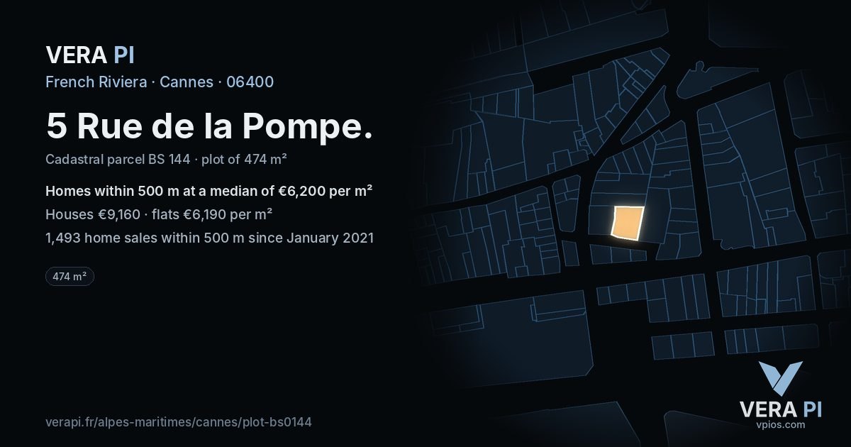5 Rue de la Pompe, Cannes at night – the plot lit, the parcels around coloured by the prices near them