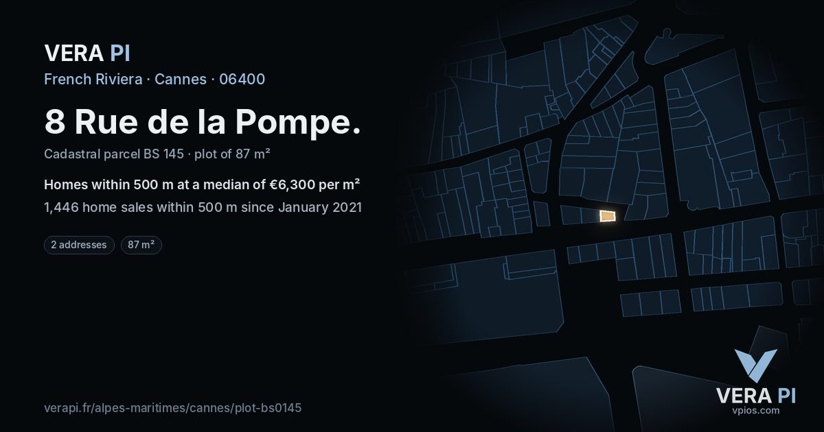 8 Rue de la Pompe, Cannes at night – the plot lit, the parcels around coloured by the prices near them