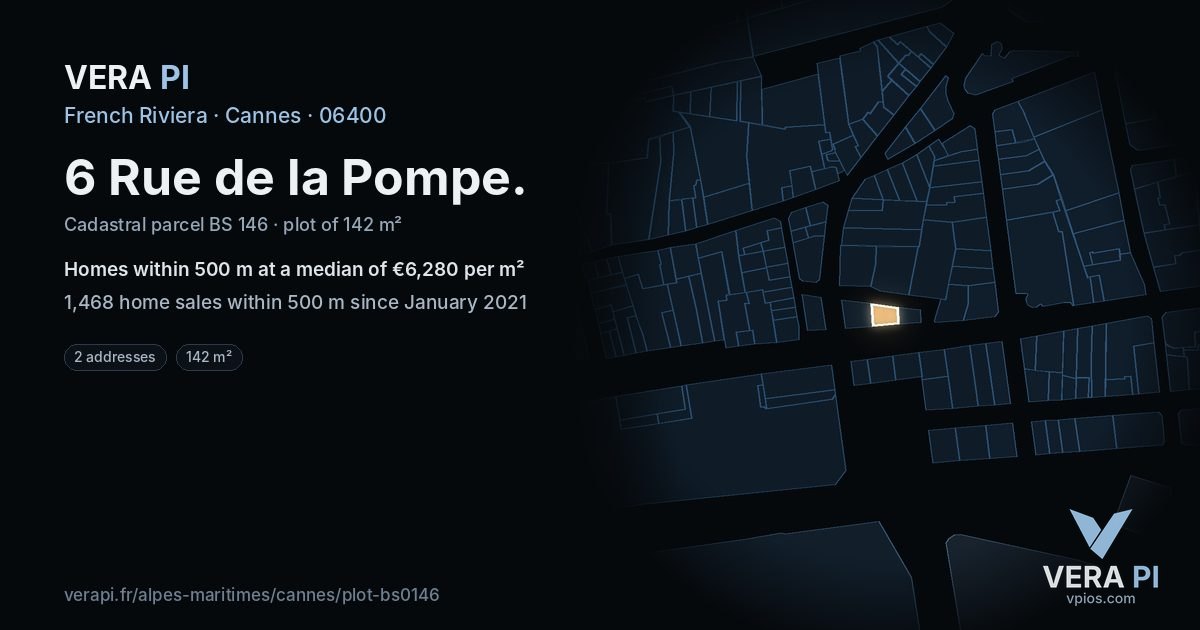6 Rue de la Pompe, Cannes at night – the plot lit, the parcels around coloured by the prices near them