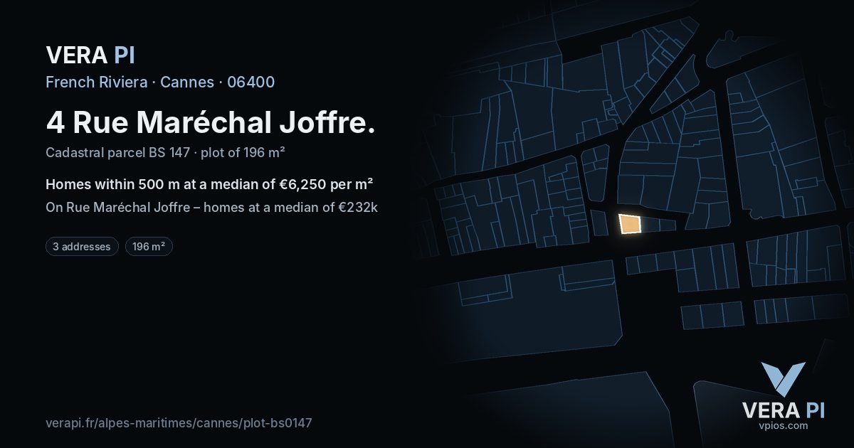 4 Rue Maréchal Joffre, Cannes at night – the plot lit, the parcels around coloured by the prices near them
