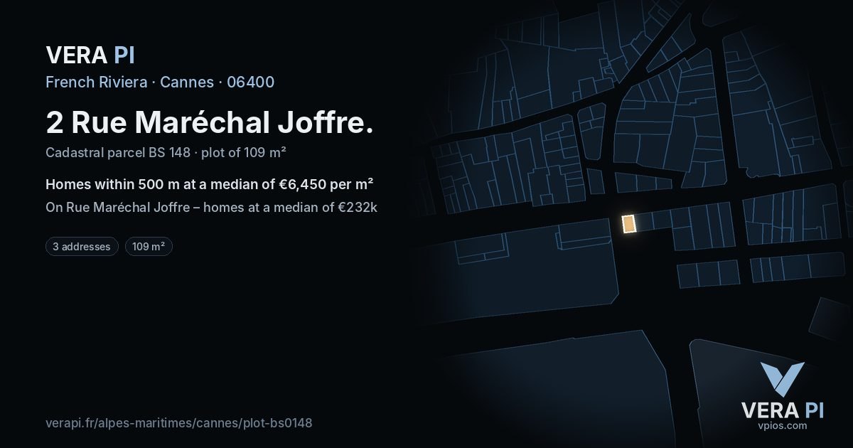 2 Rue Maréchal Joffre, Cannes at night – the plot lit, the parcels around coloured by the prices near them