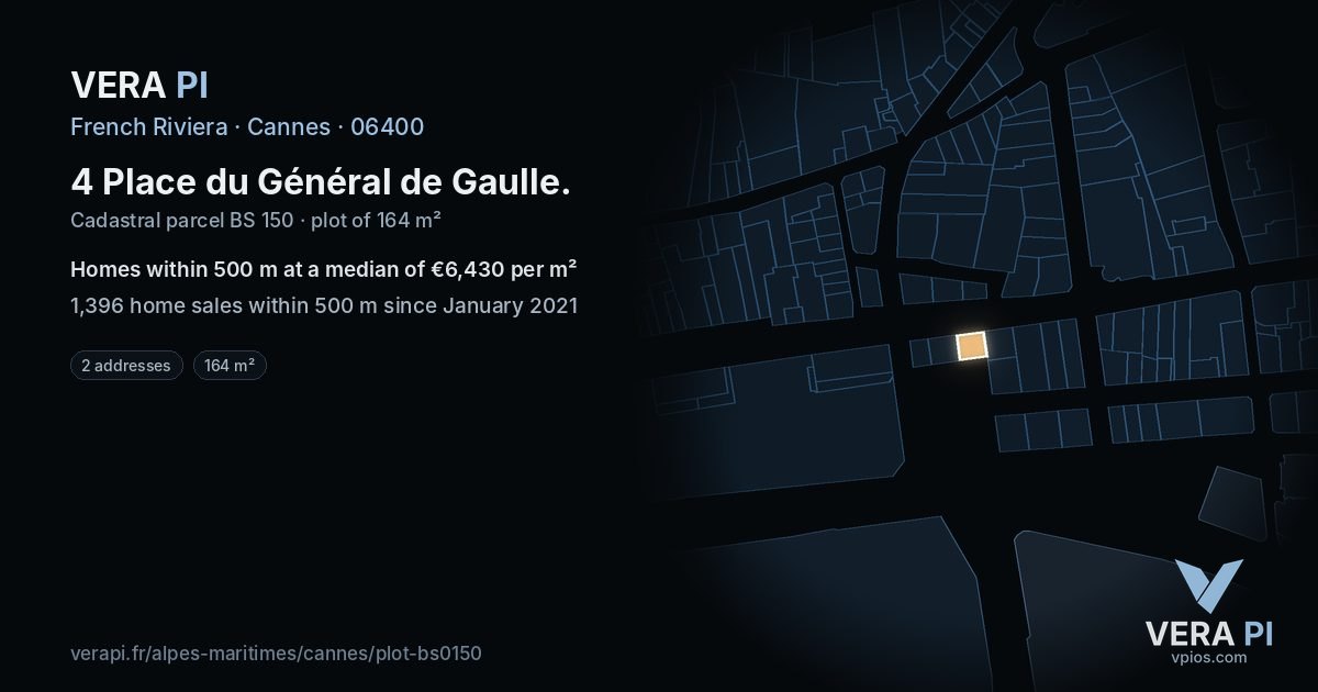 4 Place du Général de Gaulle, Cannes at night – the plot lit, the parcels around coloured by the prices near them